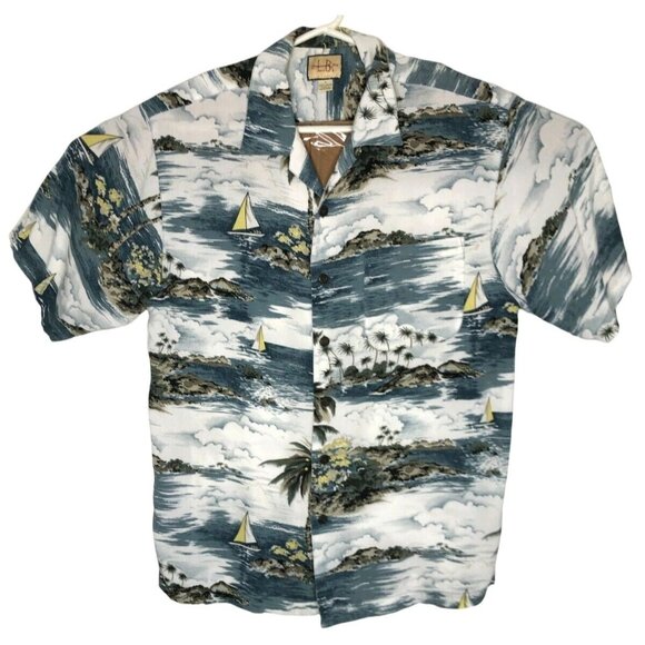 Lenguinease Bro Other - Lenguinease Bro Hawaiian Shirt Mens M Blue Gray Button Down Tropical Palms Boats